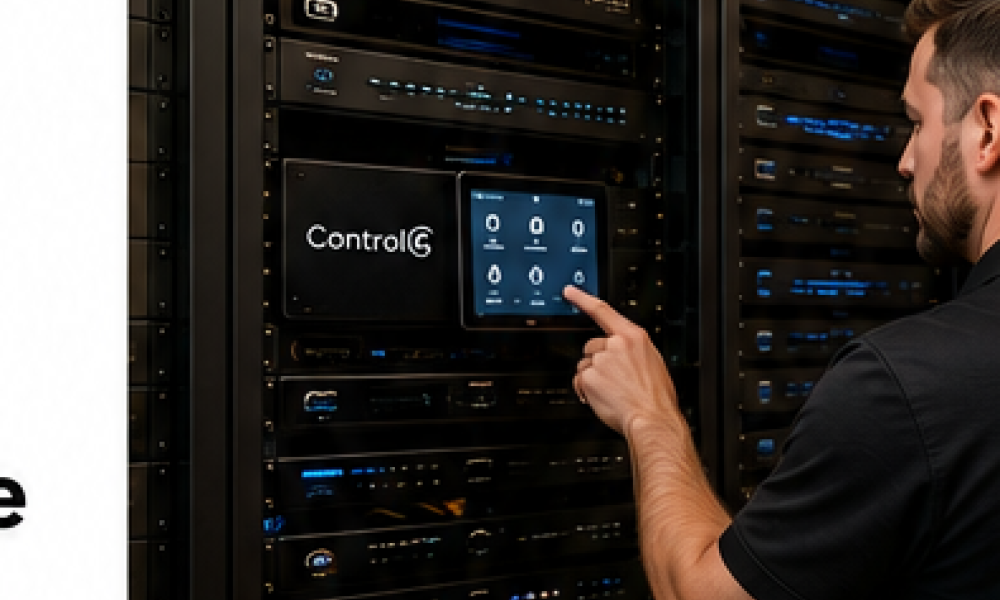 Entertainment Technology technician evaluating an existing Control4 system during a dealer takeover in an Atlanta-area home
